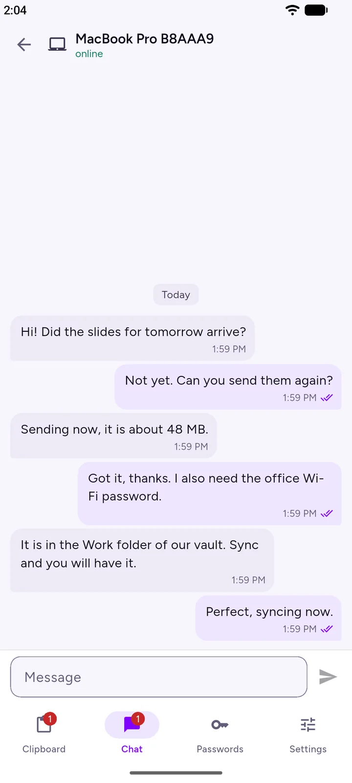 A chat conversation with a MacBook Pro