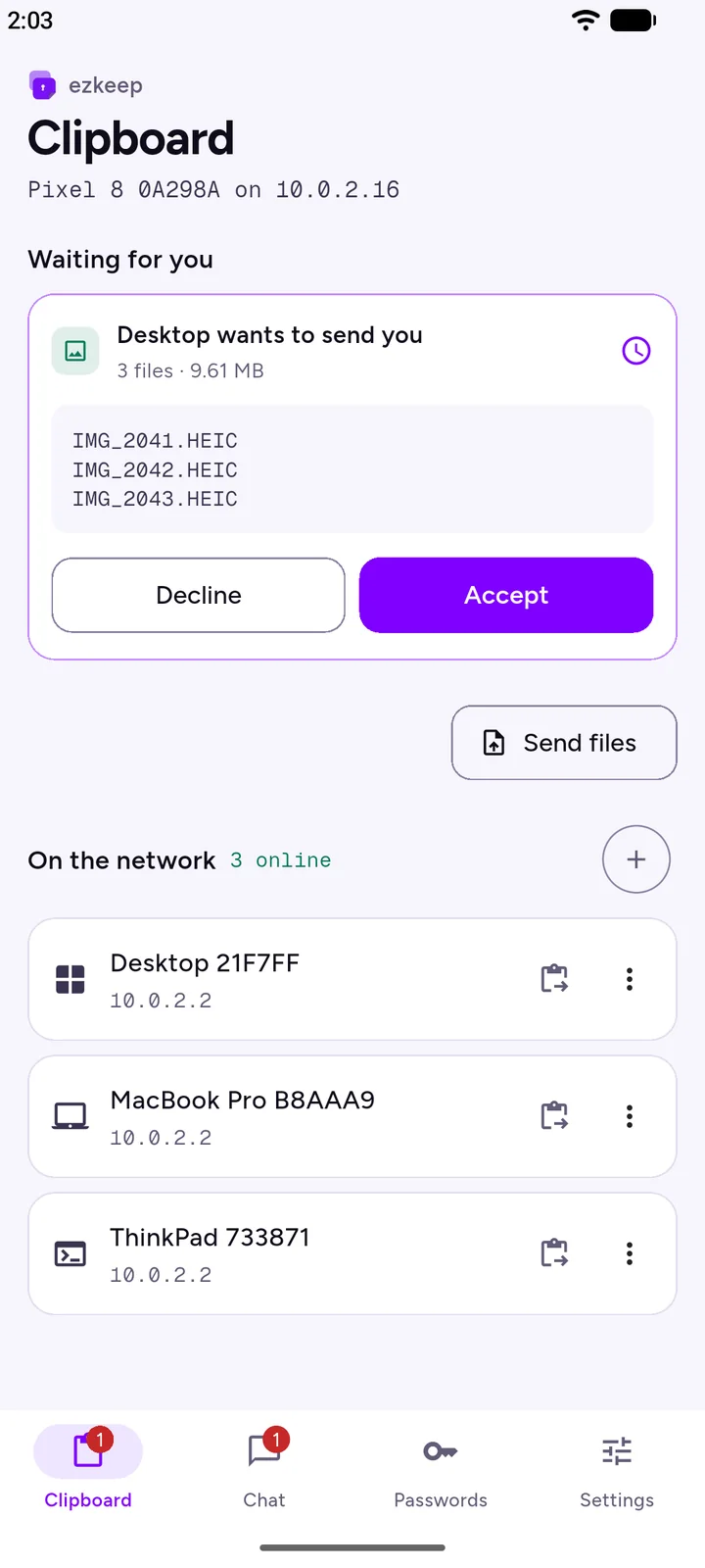 The Clipboard tab listing three devices on the network
