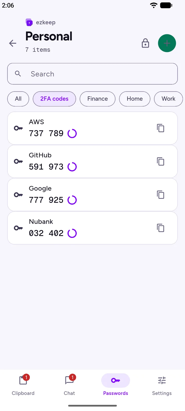 Live 2FA codes with countdown rings